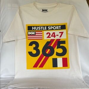DGK GENTLY WORN HUSTLE 24-7 - 365 SPORT GRAPHIC TEE IN WHITE YELLOW & RED. SMALL